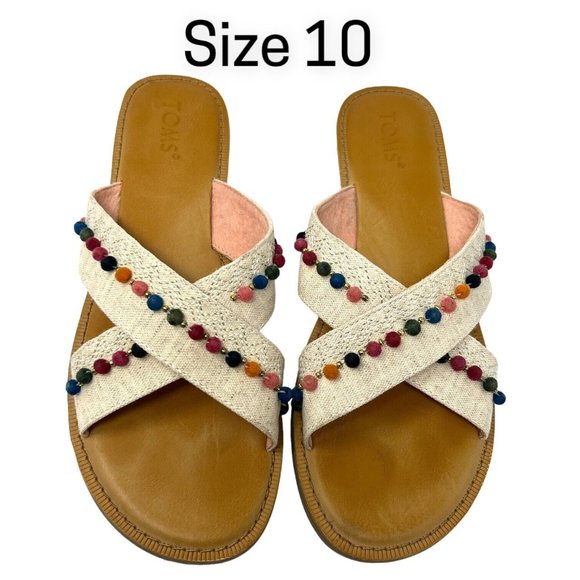 Toms Viv Pom Pom Slide Sandal Womens 10 Natural Hemp Casual Slip On Open Toe - Picture 1 of 5